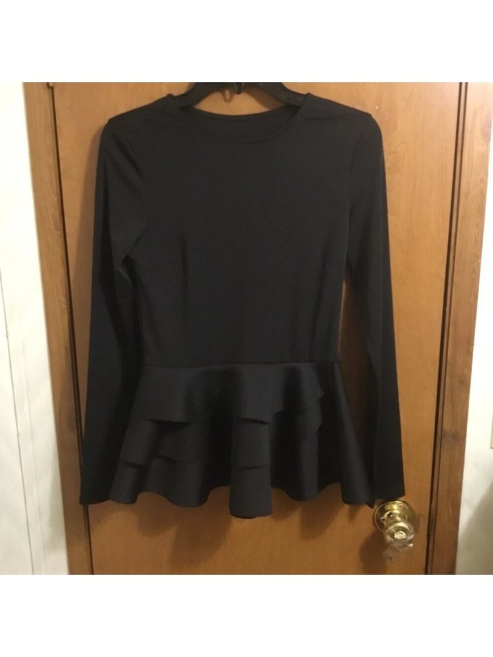 Long Sleeve Black Crew Neck Tier Ruffle bottom Peplum Top Shirt S